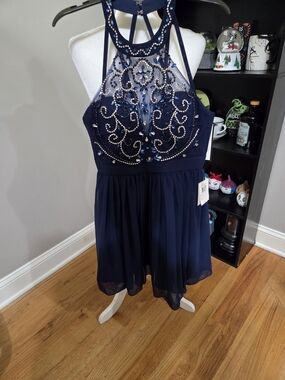 B Darlin Navy Beaded Halter Mini Dress